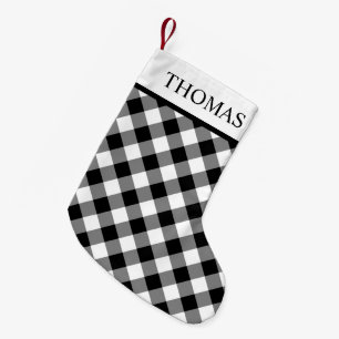 Schwarz-weiß Gingham Individuelle Name Kleiner Weihnachtsstrumpf