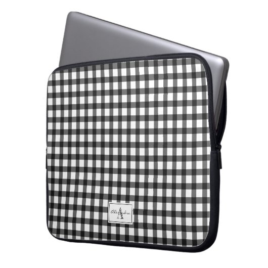 Schwarz-weiß Gingham Kariert Checked Pattern Monog Laptopschutzhülle (Vorderseite Links)