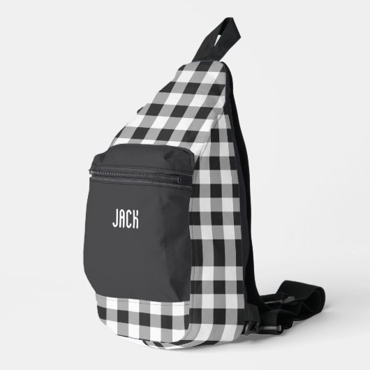 Schwarz-Weiß-Gingham-Karo-Monogramm Crossbody Bag (Rechte Ecke)