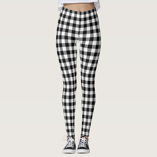 Schwarz-Weiß-Gingham-Karo-Muster Leggings (Vorderseite)