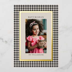 Schwarz Weiß Gingham Karo Weihnachtsfoto Gold Folien Feiertagskarte