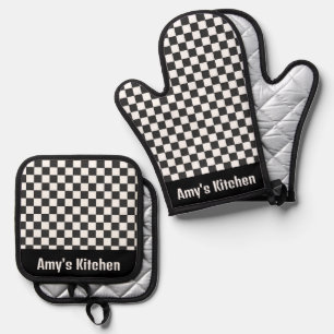 Schwarz-weiß Gingham Karos Design Ofenhandschuh & Topflappen-Set