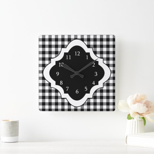 Schwarz-Weiß-Gingham-Land Quadratische Wanduhr (Zuhause)