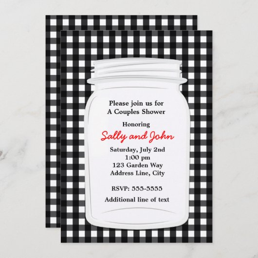 Schwarz-weiß Gingham Mason Jar Land Einladung (Vorne/Hinten)