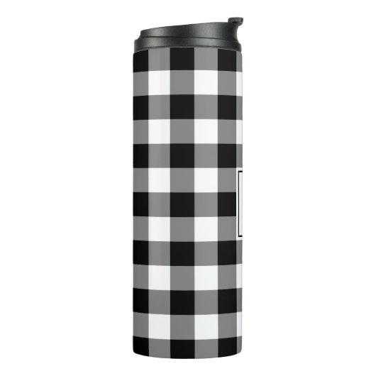 Schwarz-Weiß-Gingham-Muster mit Monogramm Thermosbecher (Nach links gedreht)