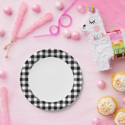 Schwarz-Weiß-Gingham Pappteller (Party)