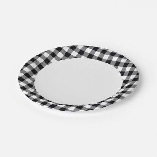 Schwarz-Weiß-Gingham Pappteller (Schrägansicht)