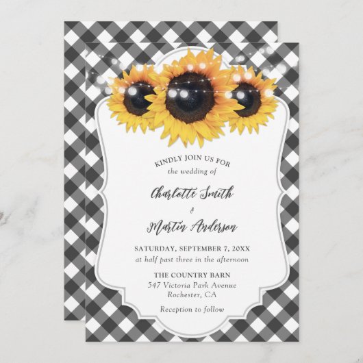 Schwarz-Weiß Gingham Rustic Sonnenblume Hochzeit Einladung (Vorne/Hinten)