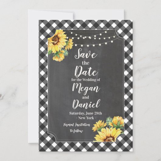 Schwarz Weiß Gingham Sonnenblume Kreide Save The D Date (Vorderseite)