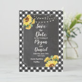 Schwarz-weiß Gingham Sunflower Chalk Save the Date (Stehend Vorderseite)