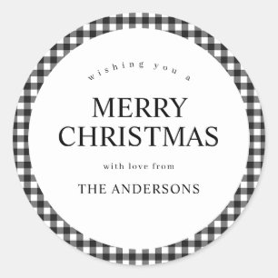 Schwarz-Weiß-Gingham-Weihnachten Runder Aufkleber
