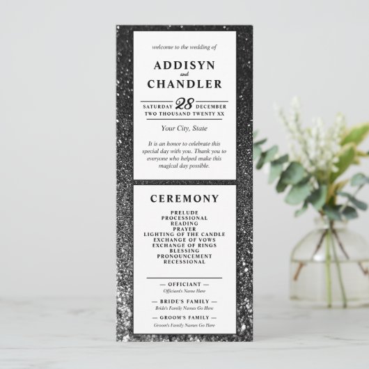 Schwarz-Weiß-Glam-Chic Moderner Hochzeitsfest Glit Programm (Stehend Vorderseite)