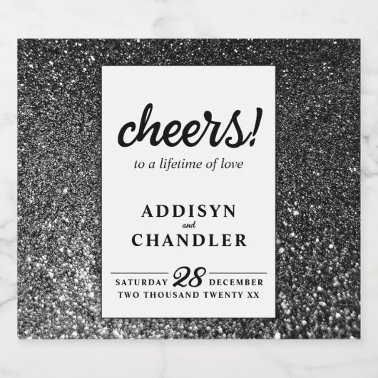 Schwarz-Weiß-Glam-Chic Moderner Hochzeitsfest Glit Schaumweinetikett (Einzelnes Label)