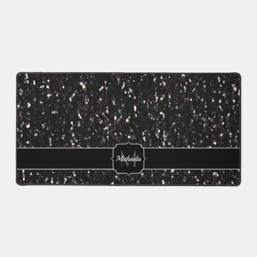 Schwarz-weiß glänzende Glitzer-Glitzern Monogramm Schreibtischunterlage (Vorderseite)