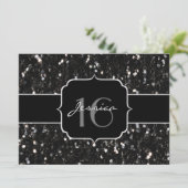 Schwarz-weiß glänzende Glitzer Glitzern Sweet 16 l Einladung (Stehend Vorderseite)