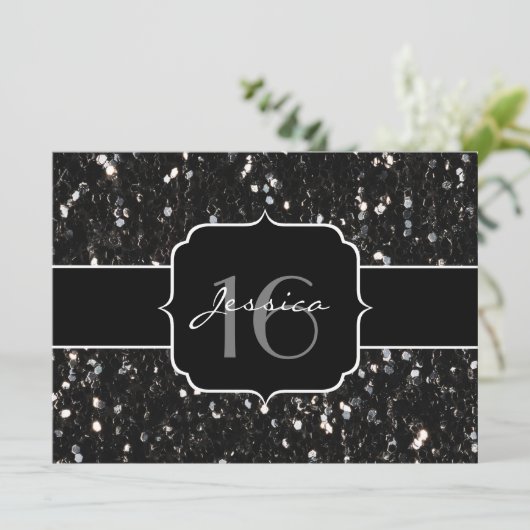 Schwarz-weiß glänzende Glitzer Glitzern Sweet 16 l Einladung (Stehend Vorderseite)