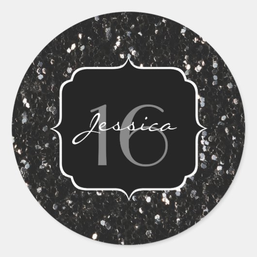 Schwarz-Weiß glänzende Glitzer Glitzern Sweet 16 Runder Aufkleber (Vorderseite)