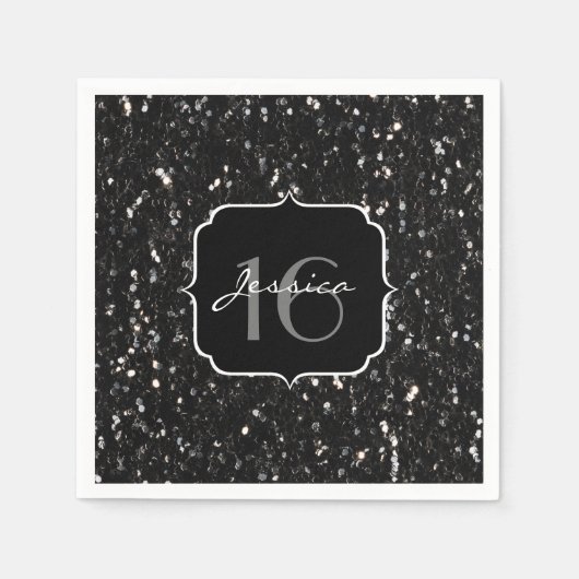 Schwarz-Weiß glänzende Glitzer Glitzern Sweet 16 Serviette (Vorderseite)