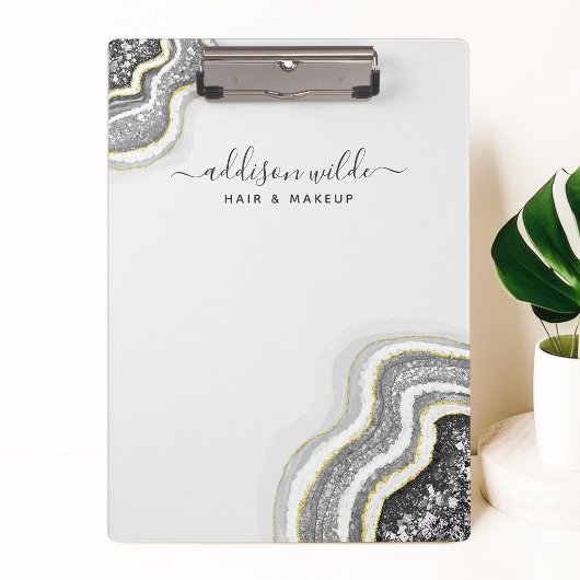 Schwarz-Weiß-Glitzer Agate Geode Luxe Chic Klemmbrett