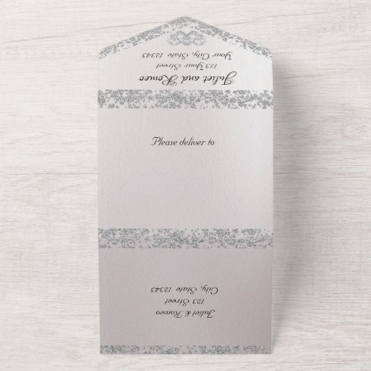 Schwarz/Weiß, Glitzer Border & Double Hearts All In One Einladung (Außenbereich)