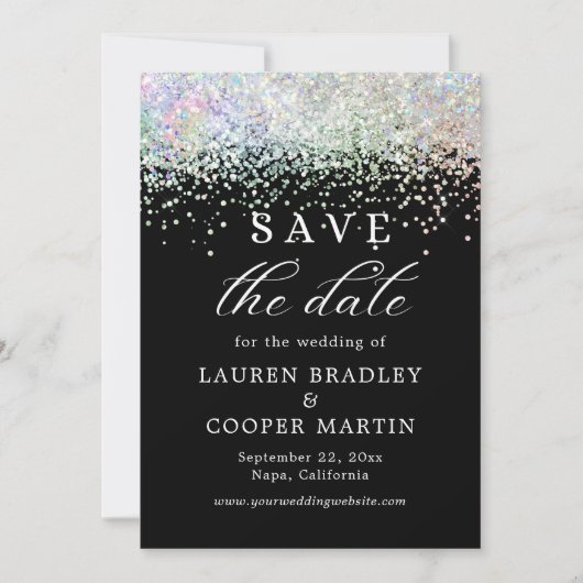 Schwarz-Weiß-Glitzer-Hochzeit spart das Datum (Vorderseite)
