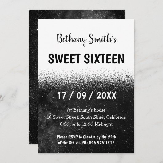 Schwarz-Weiß-Glitzer Ombre Sweet 16 Einladung (Vorne/Hinten)