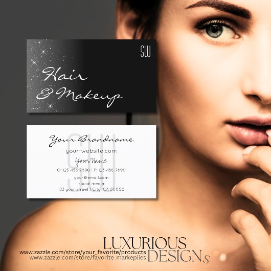 Schwarz-Weiß-Glitzer-Stars mit Initialen Moderne Visitenkarte