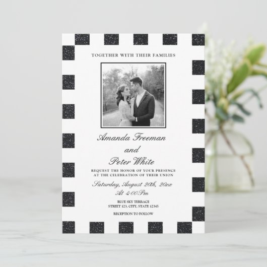 Schwarz/Weiß-Glitzer-Tafel Hochzeit Einladung (Stehend Vorderseite)