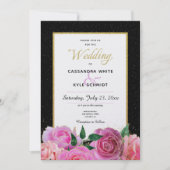 Schwarz-Weiß-Glitzer- und Rosenhochzeit Einladung (Vorderseite)