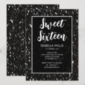 Schwarz-Weiß-Glitzern Sweet 16 elegante Schrift Einladung (Vorne/Hinten)