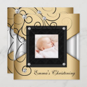 Schwarz-weiß Gold Baby Girl Foto Christening Einladung (Vorne/Hinten)