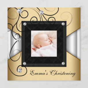 Schwarz Weiß Gold Baby Mädchen Foto Taufe Einladung