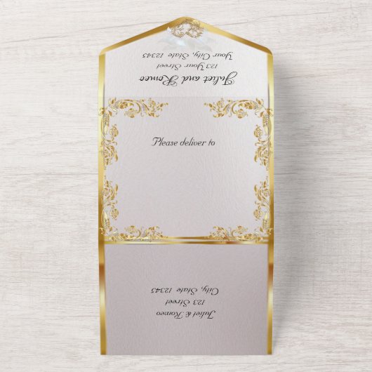 Schwarz & Weiß, Gold Blätter, Tauben & Herz All In One Einladung (Außenbereich)