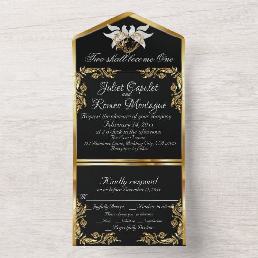 Schwarz & Weiß, Gold Blätter, Tauben & Herz All In One Einladung (Innen Boden)