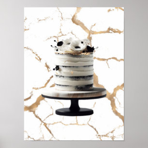 Schwarz-Weiß-Gold-Blumen-Torte in Etagen für Braus Poster