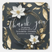Schwarz-weiß & Gold Blumenzeremonie Vielen Dank Quadratischer Aufkleber (Vorderseite)