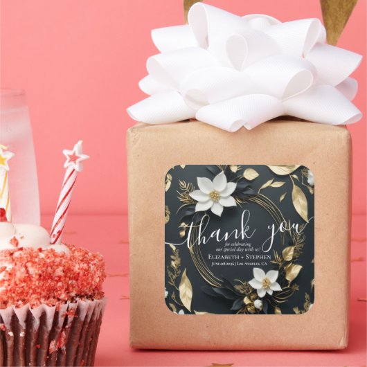 Schwarz-weiß & Gold Blumenzeremonie Vielen Dank Quadratischer Aufkleber (Party)