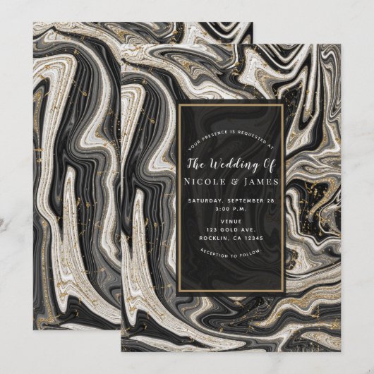 Schwarz-weiß & Gold Chic Swirl Moderne Hochzeit Einladung (Vorne/Hinten)