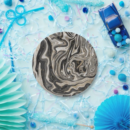 Schwarz-weiß & Gold Chic Swirl Moderne Hochzeit Pappteller (Party)