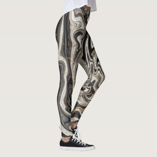 Schwarz-weiß & Gold Chic Swirl Moderner Abstrakt Leggings (Rechts)