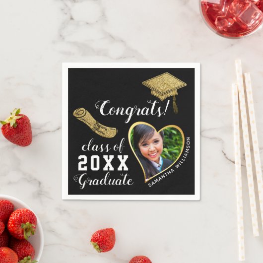 Schwarz-weiß Gold Class 2025 Grad Foto Abschluss Serviette (Beispiel)