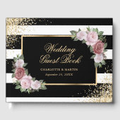 Schwarz-weiß Gold Confetti Blush Bloral Wedding Gästebuch (Vorderseite)