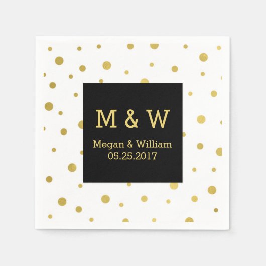 Schwarz-weiß Gold Confetti Wedding Monogram Serviette (Vorderseite)