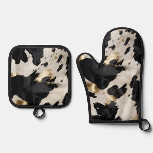 Schwarz-weiß Gold Cowhide Ofenhandschuh & Topflappen-Set (Vorderseite)
