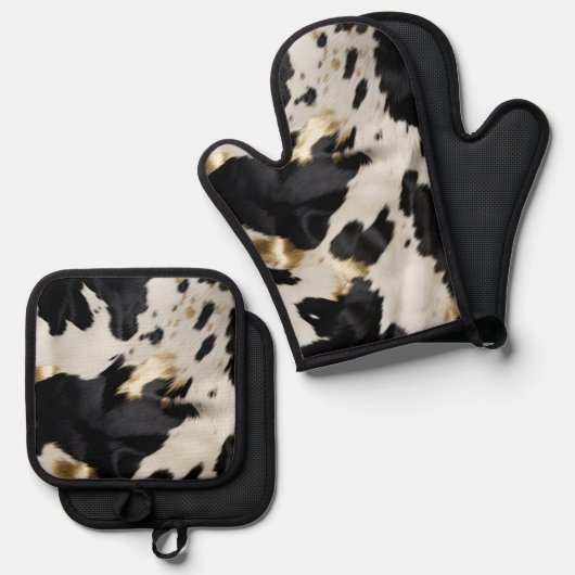 Schwarz-weiß Gold Cowhide Ofenhandschuh & Topflappen-Set (Vorderseite/Rückseite)