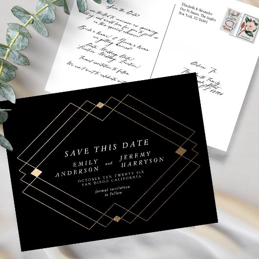 Schwarz-weiß Gold Deko Lines Save the Date Hochzei Postkarte