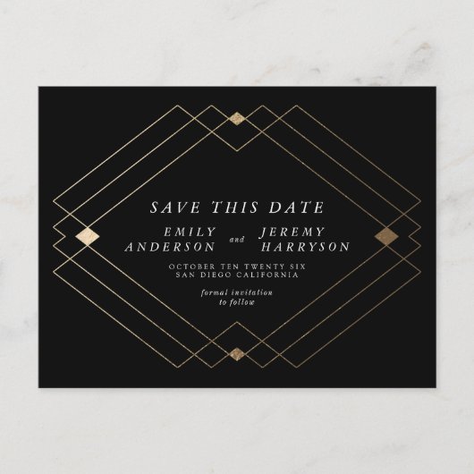 Schwarz-weiß Gold Deko Lines Save the Date Hochzei Postkarte (Vorderseite)