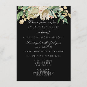 Schwarz-weiß Gold Floral Elfenbeinminze 16. Bridal Einladung