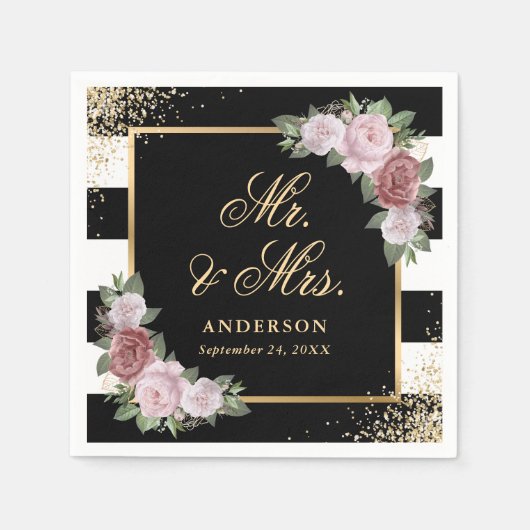 Schwarz-weiß Gold Floral Mr. and Mrs. Wedding Serviette (Vorderseite)