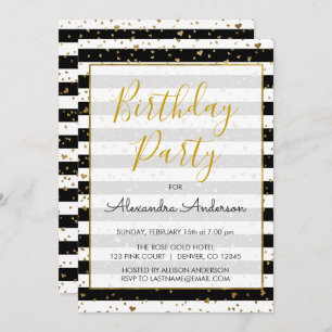 Schwarz-Weiß-Gold-Foil hört jeden Geburtstag Einladung